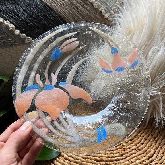 Sydenstricker Fused Art Glass Plate Flower Japanese Iris Orange Indigo Signed - Picture 1 of 5